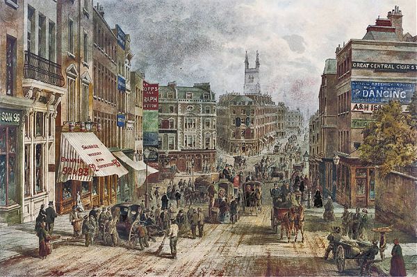 Городские постройки в Лондоне в конце 19 в. Акварель, неизвестный художник.