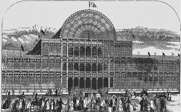 Хрустальный дворец на Парижской выставке 1861г. в индустриальном стиле. Автор - Пэкстон. Гравюра.