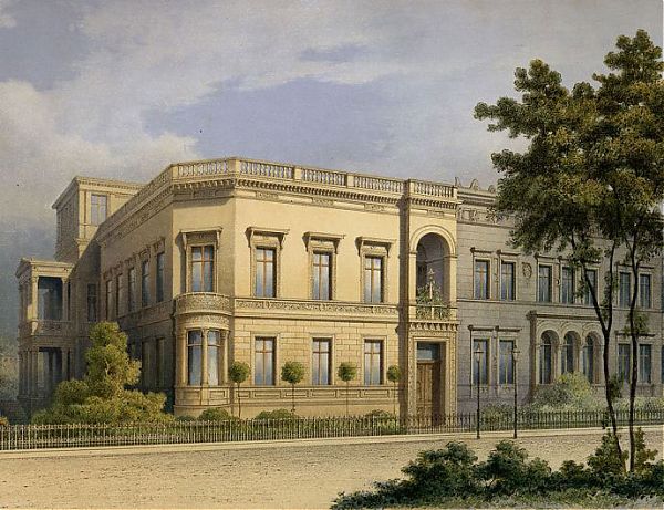 Двухэтажное здание, рисунок конца 19 века. Архитектурная идея основывается на стиле классицизм. 