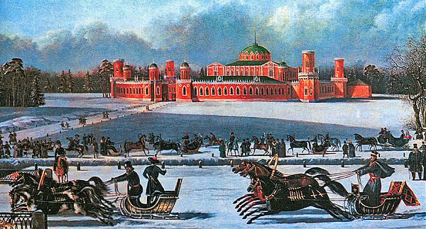 Петровский дворец на открытке с картиной «Санные гонки в Петровском парке» неизвестного художника 19 в.
