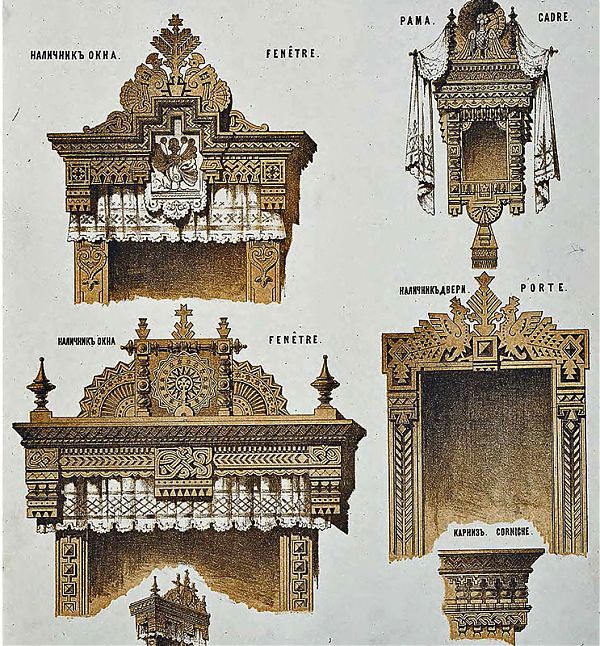 Рисунок наличников и рамы загородного дома из книги 19 века «Мотивы русской архитектуры»