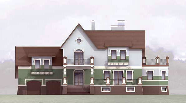 Оформление фасада дома из темного кирпича в классическом стиле