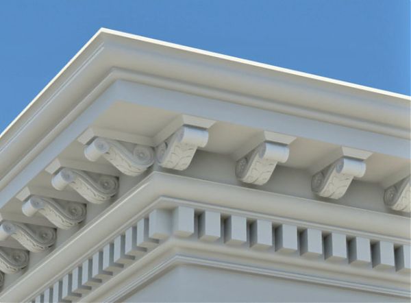 Дентикулы под кровлей здания в античном стиле.