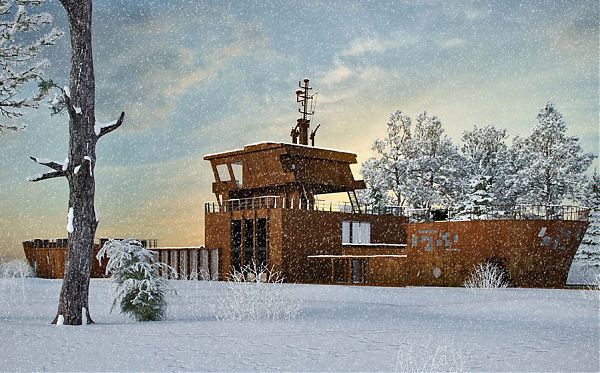 Оригинальный проект дома-корабля на прямоугольном участке с перепадом рельефа.