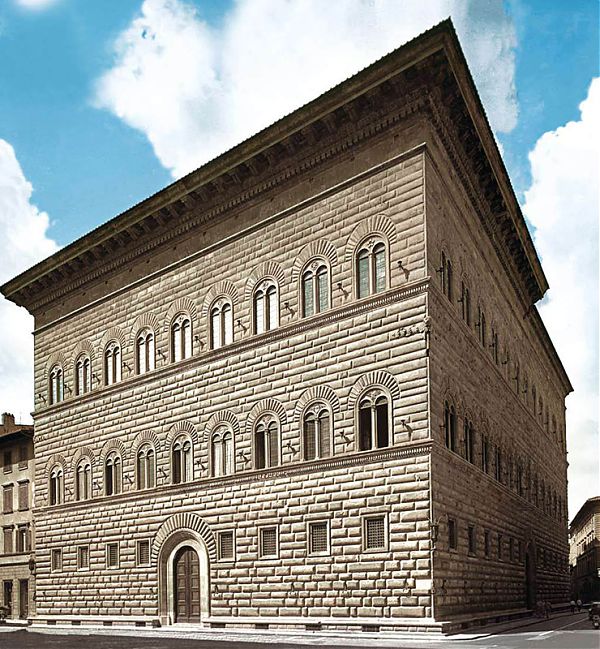 Строгий фасад дворца Строцци (Palazzo Strozzi, начало строительства 1492 г., архитектор Джулиано де Сангало (1489-1539 гг.)