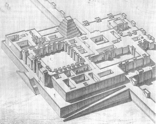 План города Дур-Шаррукин на севере современного Ирака. Дворец  Саргона II (705- 722 г до н.э.) был связан с зиккуратом &mdash;  многоступенчатым культовым сооружением. Площадь основания дворца  занимает 100 тысяч кв.м. Комплекс включает 200 залов и комнат. Строение  не имело окон, освещалось через двери или через отверстия в своде.