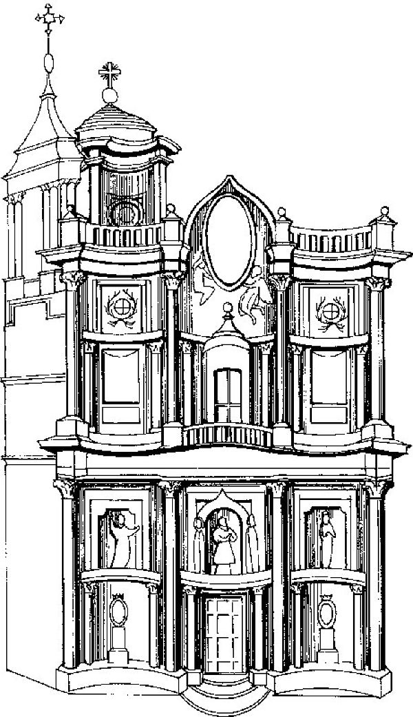 Чертеж фасада церкви Сан Карло у четырех фонтанов.